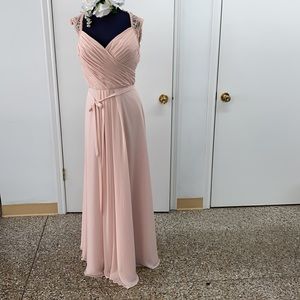 Mori Lee blush bridesmaids dress